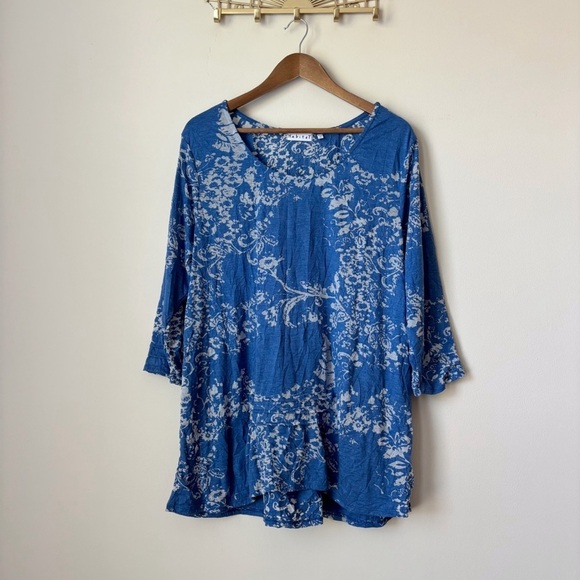 Habitat Tops - Habitat Blue Floral Crinkle Burnout Tunic Top XL Lagenlook